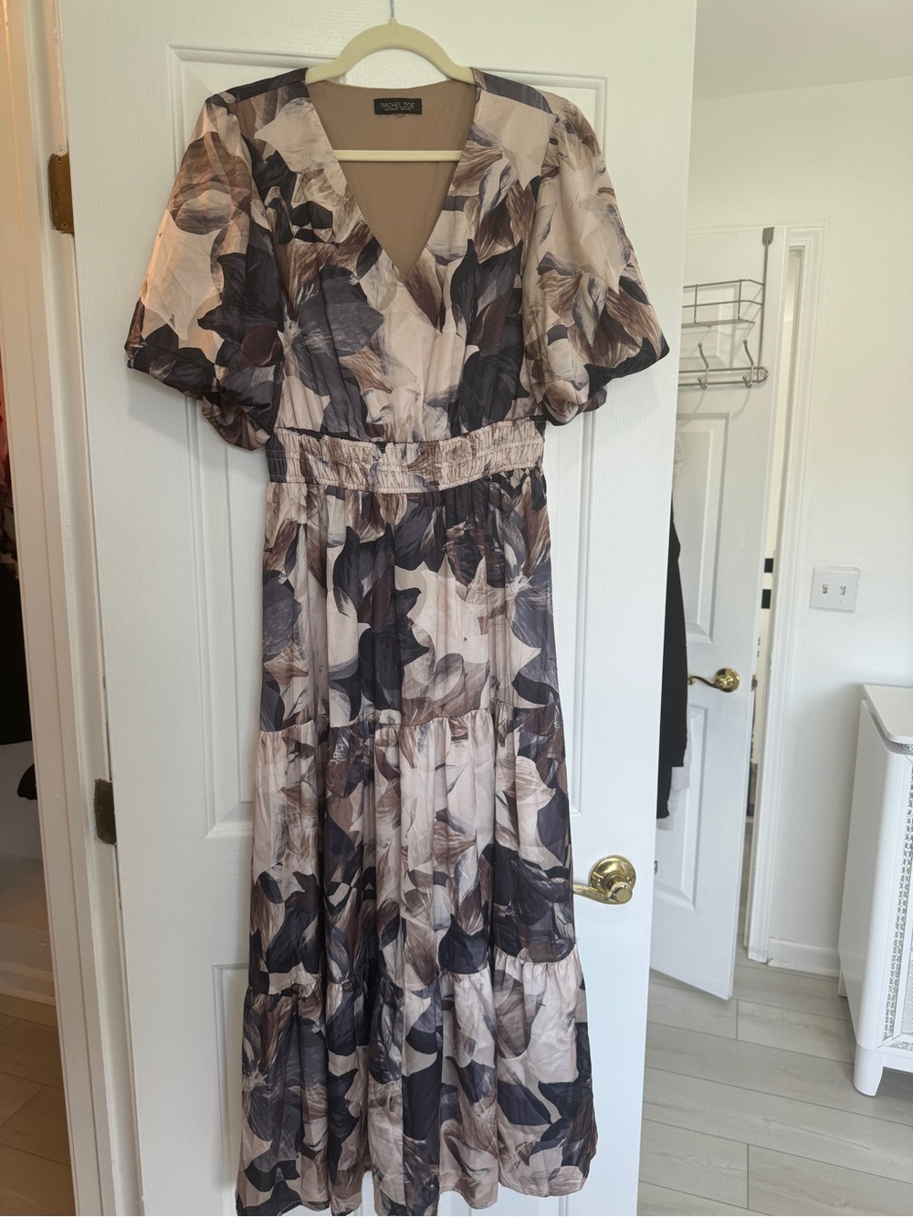 Authentic Rachel Zoe Neutral Floral Tiered Maxi Dress in Beige and Brown